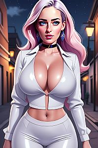 Confident Woman with Pink Hair in Glossy White Outfit on Nighttime Urban Street