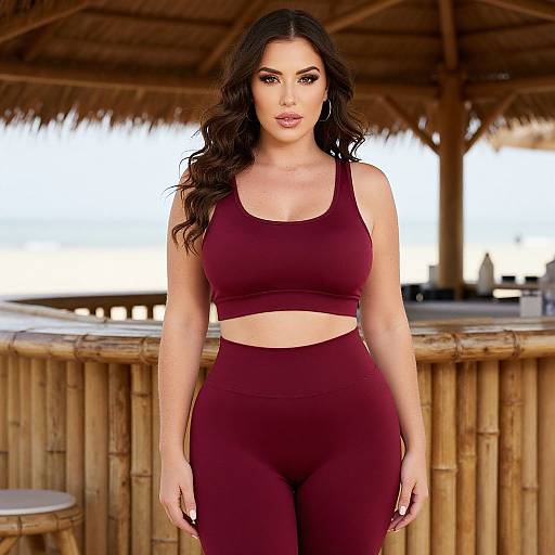 Woman Wearing Burgundy Activewear Outfit at Beach Bamboo Bar