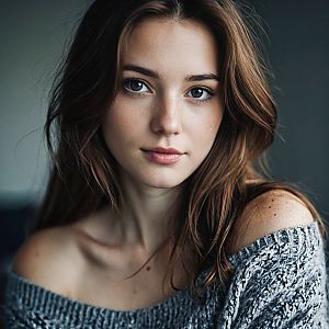 Close-up portrait of a young woman in a cozy sweater