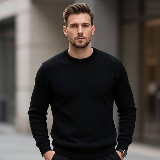 Young Man in Black Sweater Posing Outdoors in Modern Urban Setting