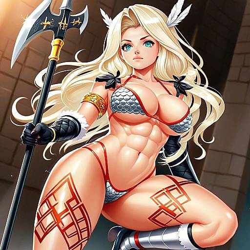 Strong Blonde Anime Warrior Woman with Polearm and Tribal Tattoos