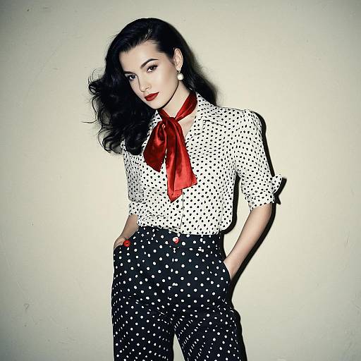 Vintage 1950s Inspired Woman in Polka Dot Outfit with Red Scarf