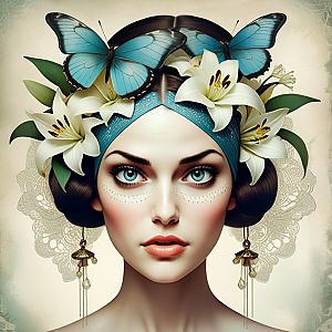 Woman with Blue Butterflies and White Lilies Headpiece
