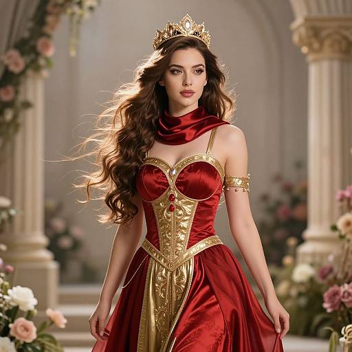 Elegant Woman in Red and Gold Medieval Gown with Crown