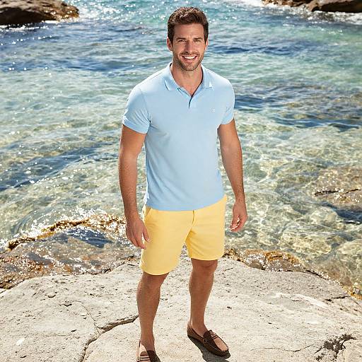 Man in Light Blue Polo Shirt and Yellow Shorts by the Sea