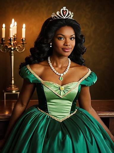 Woman in Princess Tiana Green Dress with Tiara and Pearl Necklace