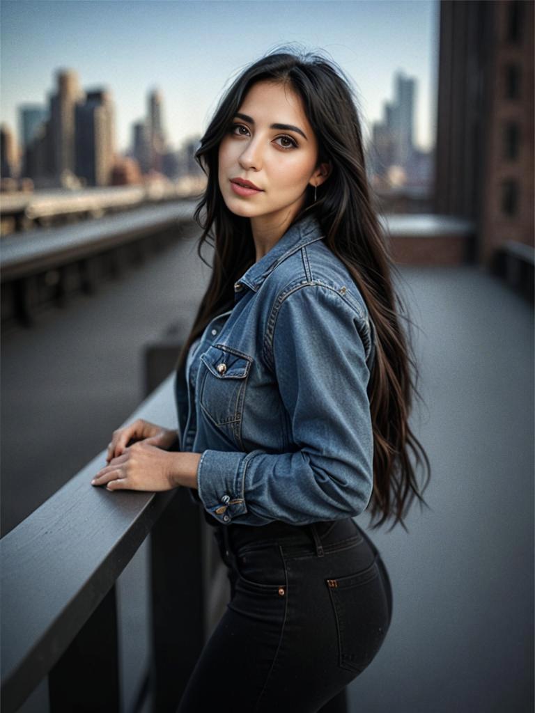 Stylish Woman on Rooftop with City Skyline