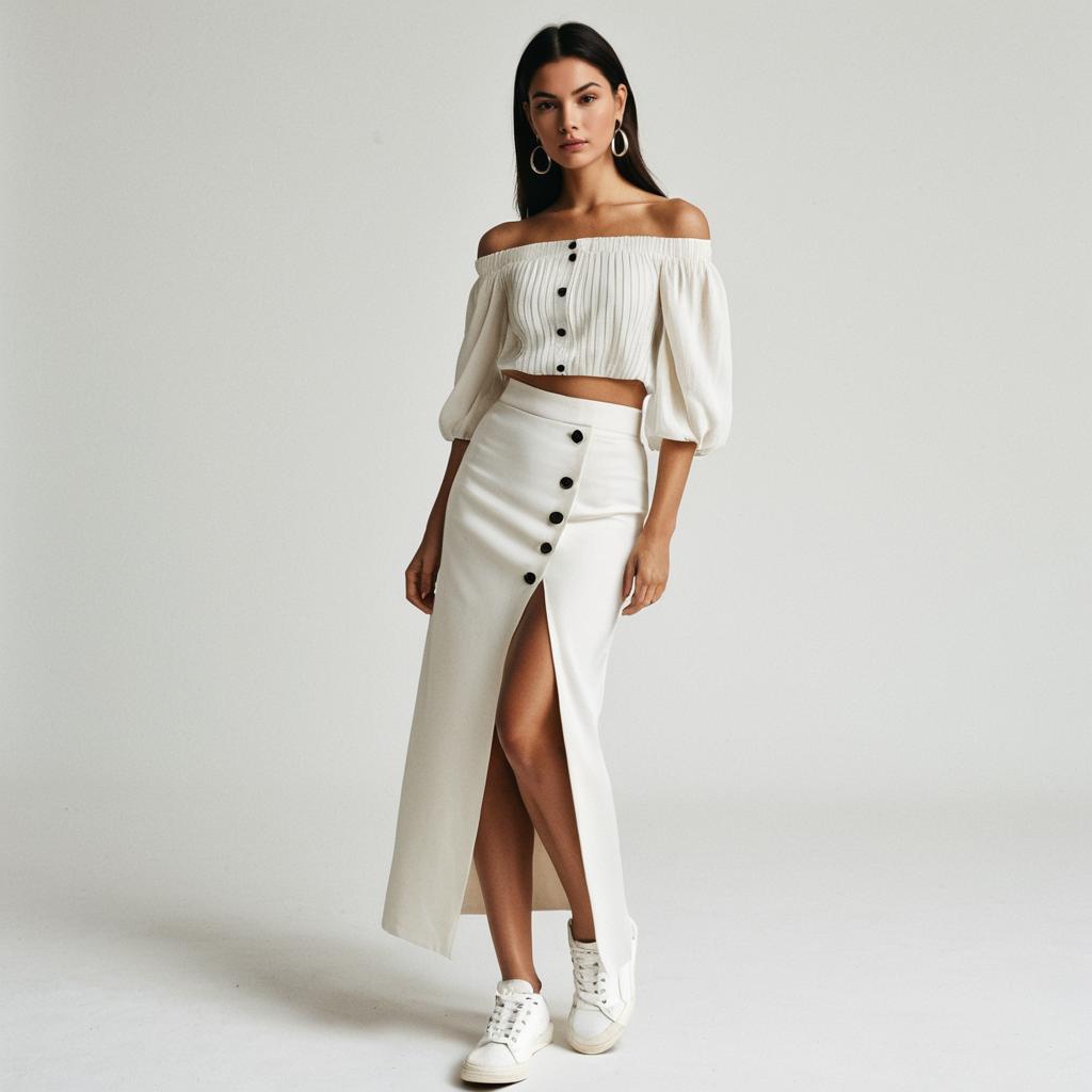 Woman in Off-Shoulder White Crop Top and High-Slit Buttoned Skirt Fashion Look