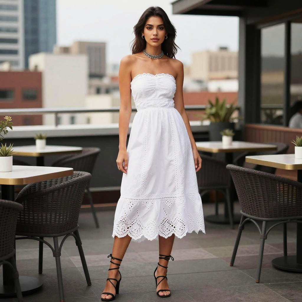 Willowy Woman in White Strapless Midi Dress with Eyelet Lace