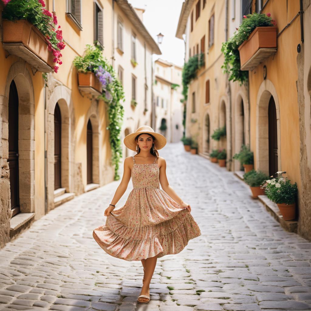 Woman Strolling in a Quaint Village