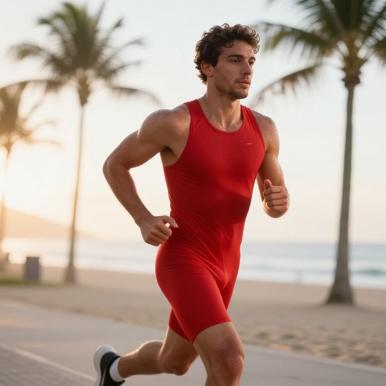 Fit Man Running in Red Athletic Bodysuit on Beach Path at Sunrise