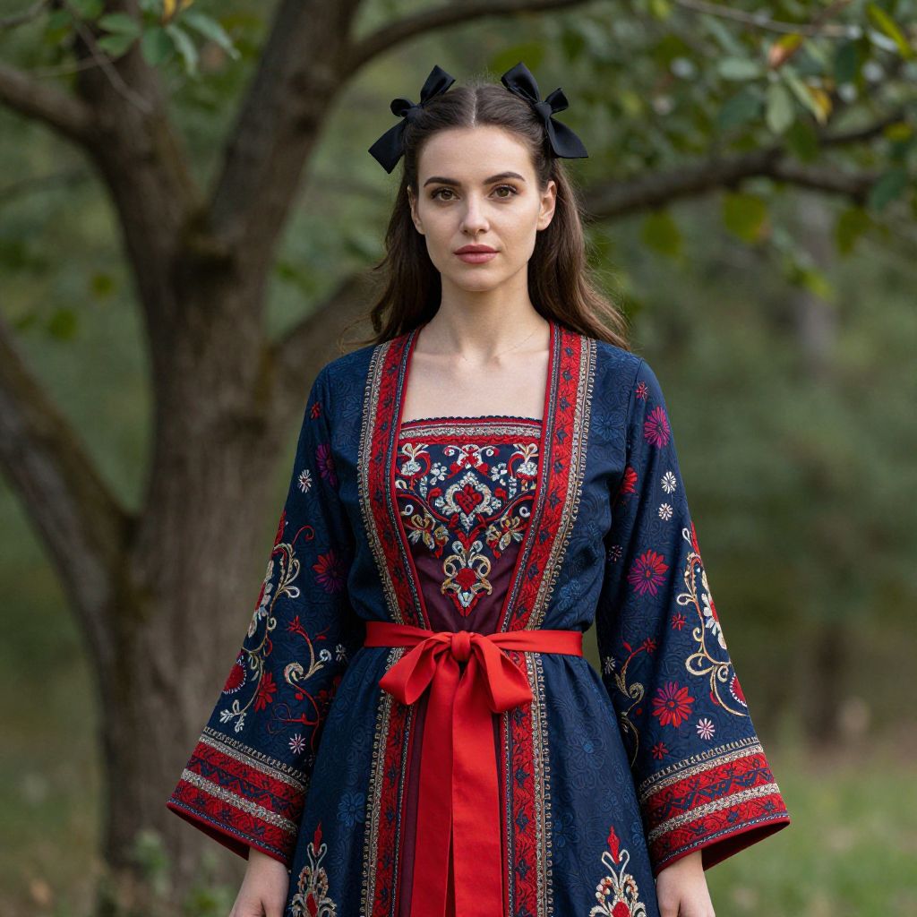 Woman in Traditional Embroidered Blue and Red Dress with Sash Outdoors