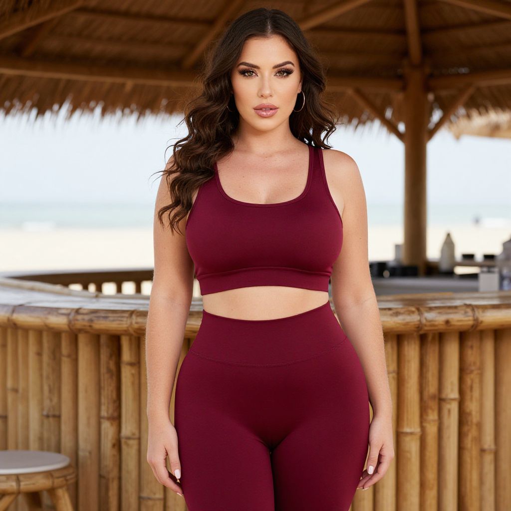 Woman Wearing Burgundy Activewear Outfit at Beach Bamboo Bar