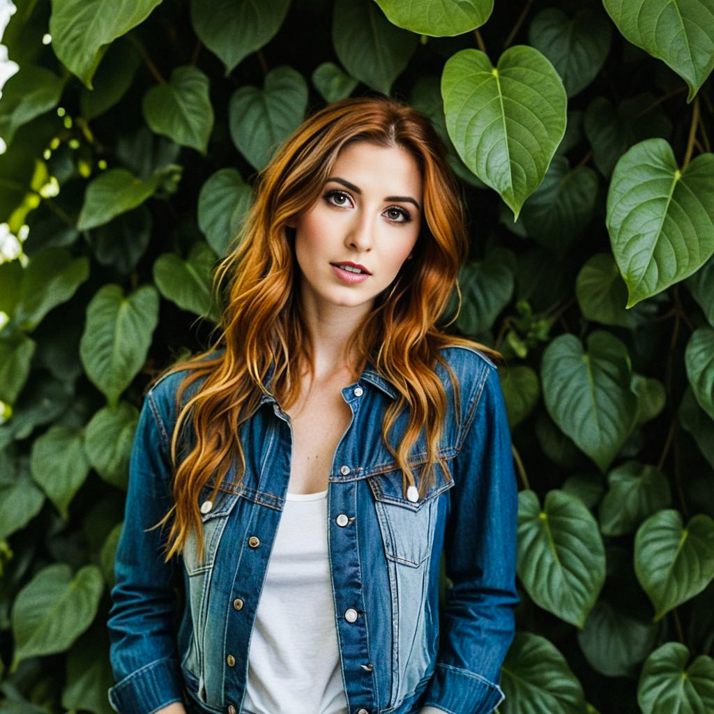 Confident Woman in Denim Jacket Against Green Leaves