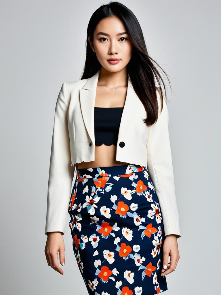 Stylish Woman in Cropped Blazer and Floral Skirt Fashion Portrait