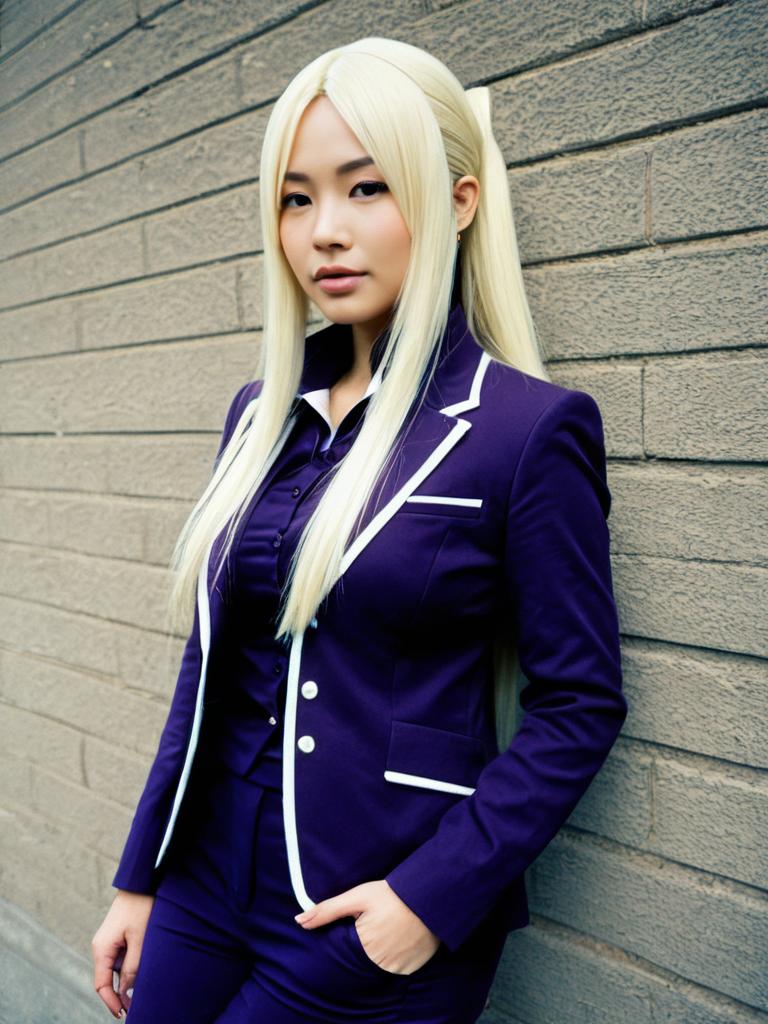 Sexy Cosplay Woman Wearing Ino Yamanaka Costume in Dark Purple Suit