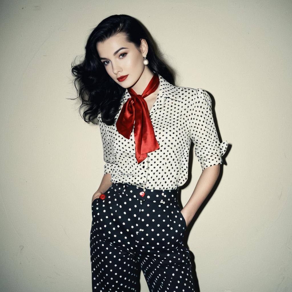 Vintage 1950s Inspired Woman in Polka Dot Outfit with Red Scarf