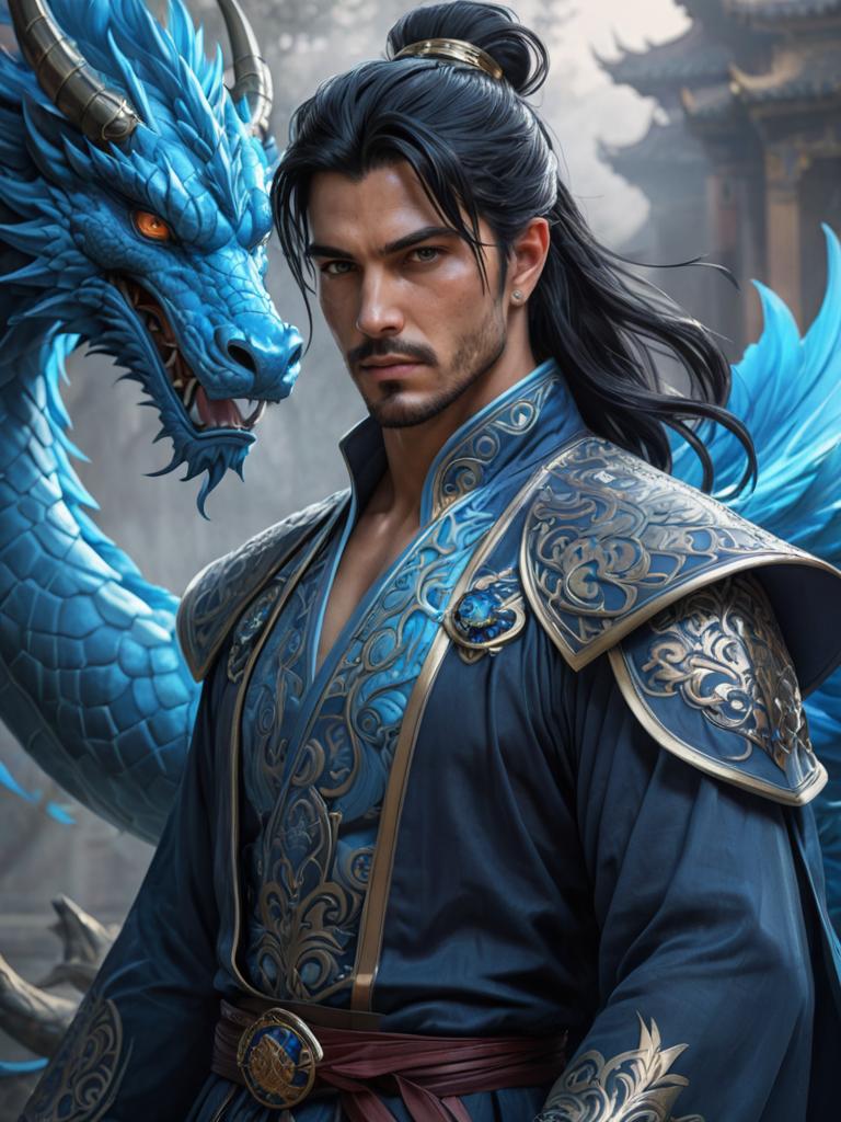 Handsome Man with Azure Dragon in Eastern Fantasy