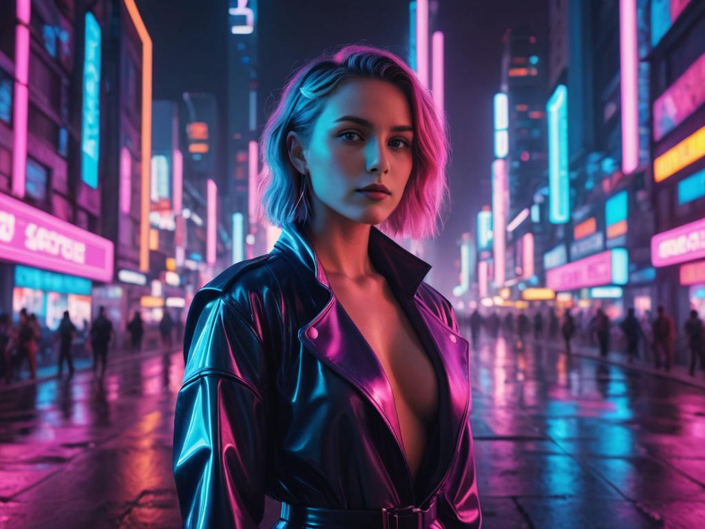 Confident woman in neon-lit cityscape