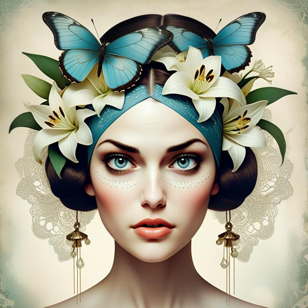 Woman with Blue Butterflies and White Lilies Headpiece Woman with Blue Butterflies and White Lilies Headpiece