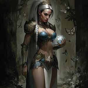 Fantasy Woman Warrior Holding Glowing Orb in Mystical Forest - Digital Art