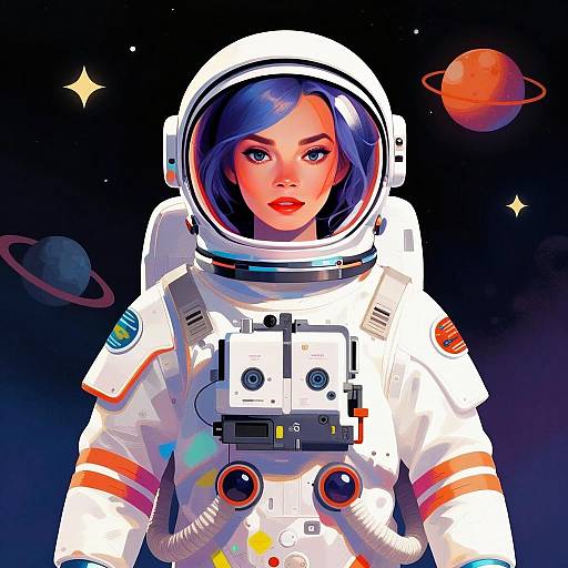 Digital Illustration of Woman Astronaut in Stylish Space Suit with Cosmic Background