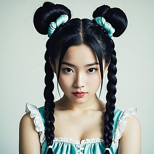 Young Woman in Light Blue Dress with Braided Double Buns