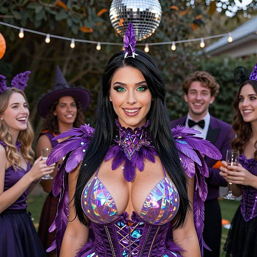 Woman in Purple Feathered Costume at Outdoor Halloween Party