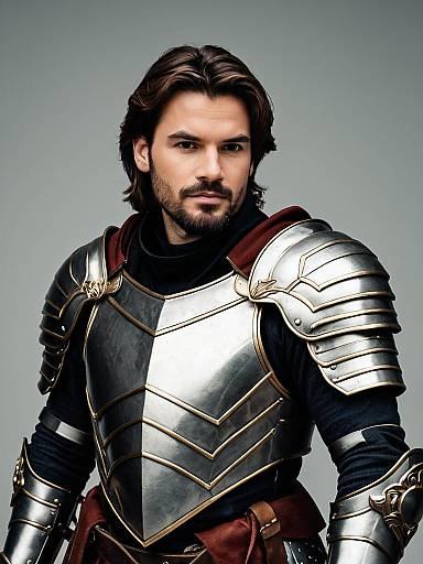 Man in Medieval Suit of Armor with Polished Helmet and Gauntlets