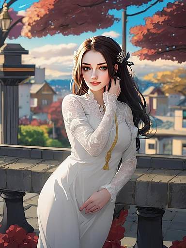 Elegant Woman in White Dress on Autumn Balcony Digital Artwork