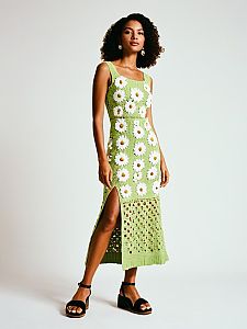 Retro Inspired Lime Green Crochet Knit Midi Dress with White Daisies on Woman
