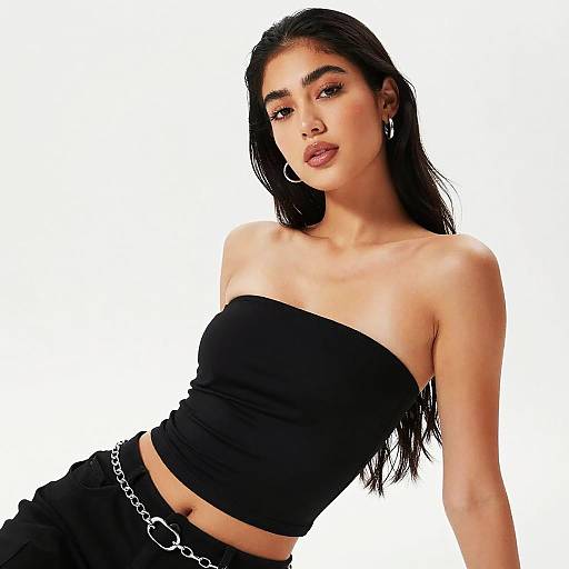 Young Woman Wearing Black Strapless Tube Top and Chain Belt