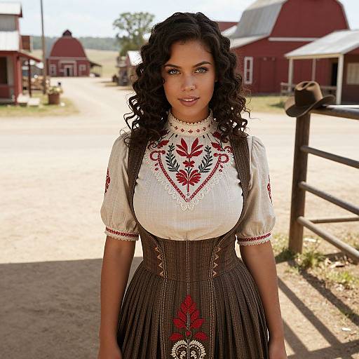 Woman in Traditional Embroidered Dress in Rustic Barnyard Setting