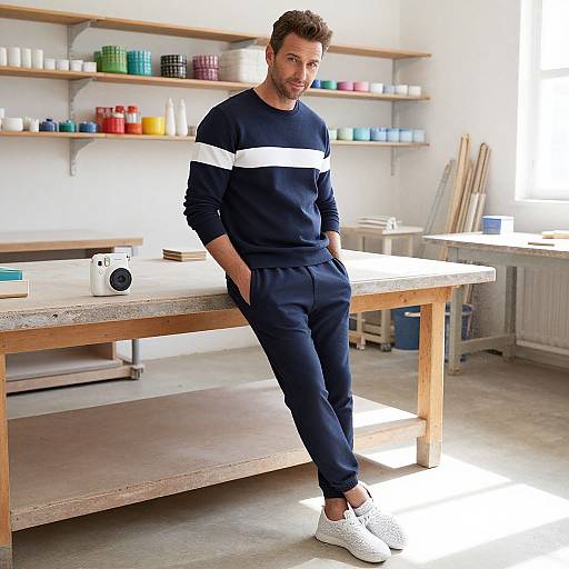 Man in Navy Blue Tracksuit in Creative Studio Workspace