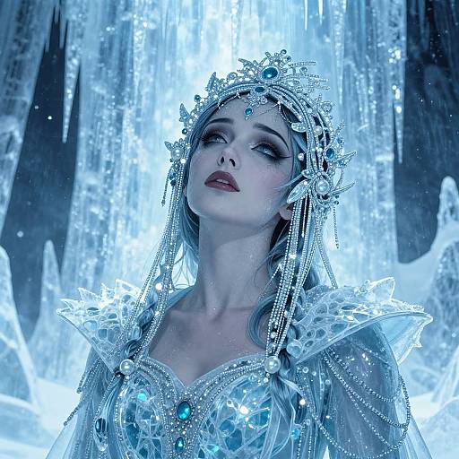 Fantasy Ice Queen Woman in Crystal Crown and Icy Costume