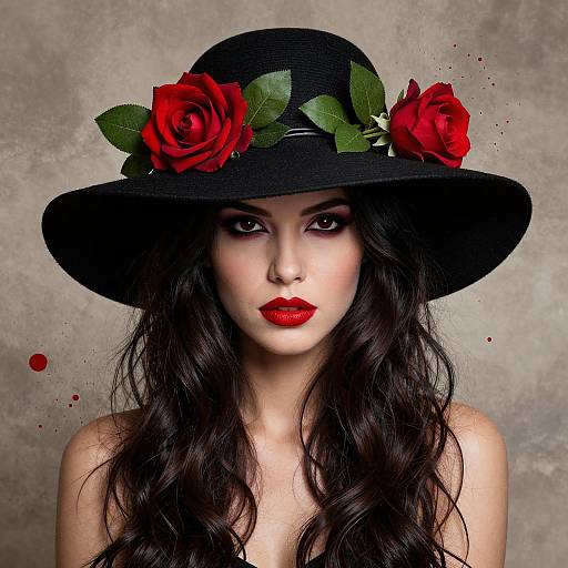 Woman in Black Hat with Red Roses and Bold Makeup