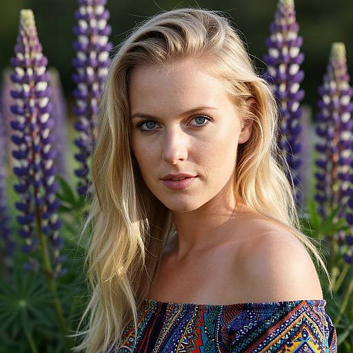 Portrait of Woman with Blonde Hair and Blue Eyes Among Lupine Flowers