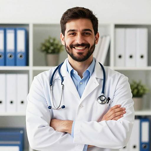 Confident Young Male Doctor Smiling in Medical Office with Stethoscope
