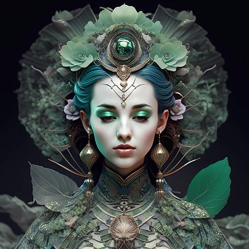 Mystical Woman in Elaborate Nature-Inspired Fantasy Headdress