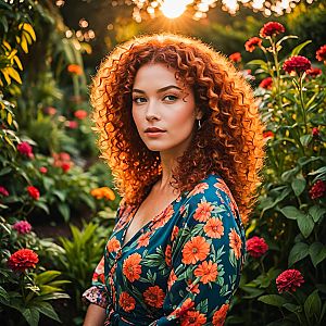 Woman with Curly Red Hair in Vibrant Garden