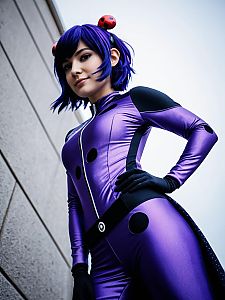 Woman in Miraculous Ladybug Purple Costume Low Angle Shot