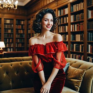 Elegant Woman in Red Velvet Dress in Library