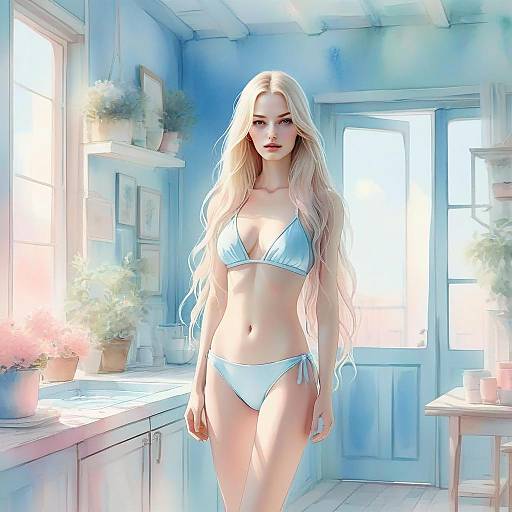 Digital Artwork of Blonde Woman in Light Blue Bikini in Bright Kitchen