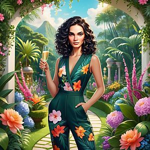 Confident Woman in Floral Jumpsuit in Tropical Garden