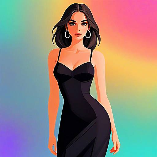 Elegant Woman in Black Dress Digital Illustration on Colorful Gradient Background
