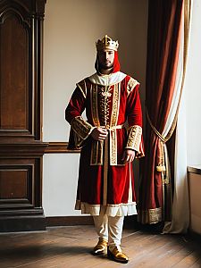 Man in Red and Gold Fancy Medieval Clothes Costume with Crown