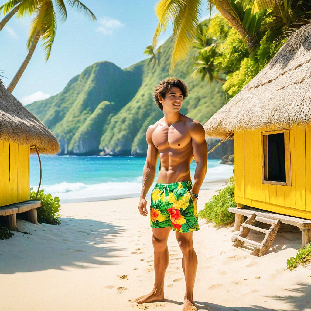 Fit Man on Tropical Beach with Huts and Palm Trees Fit Man on Tropical Beach with Huts and Palm Trees