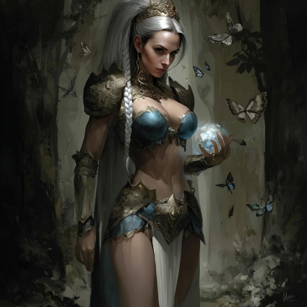 Fantasy Woman Warrior Holding Glowing Orb in Mystical Forest - Digital Art