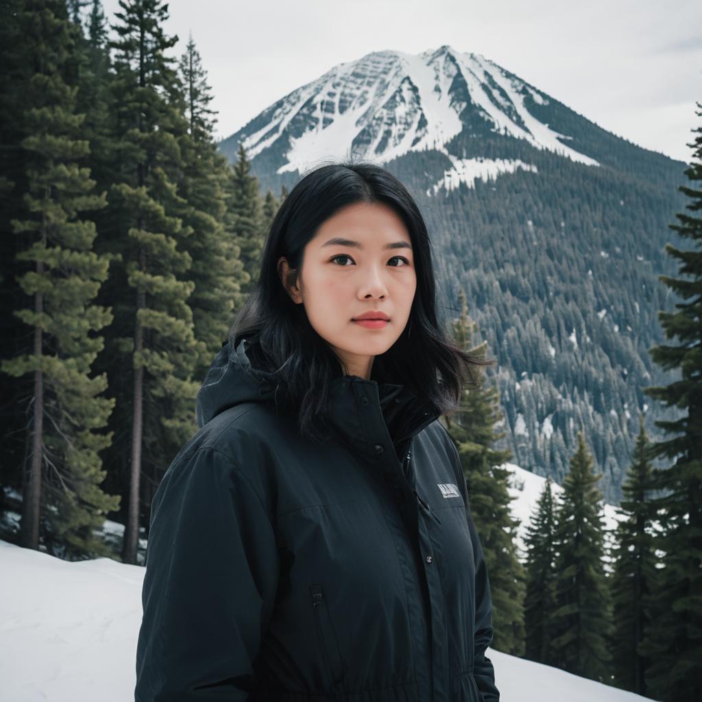 Young Woman in Snowy Mountain Landscape