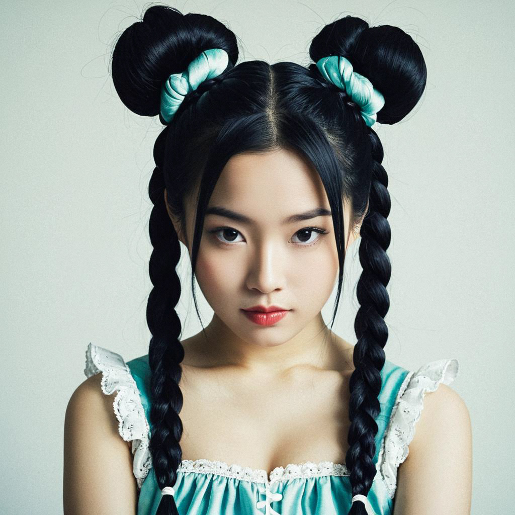 Young Woman in Light Blue Dress with Braided Double Buns